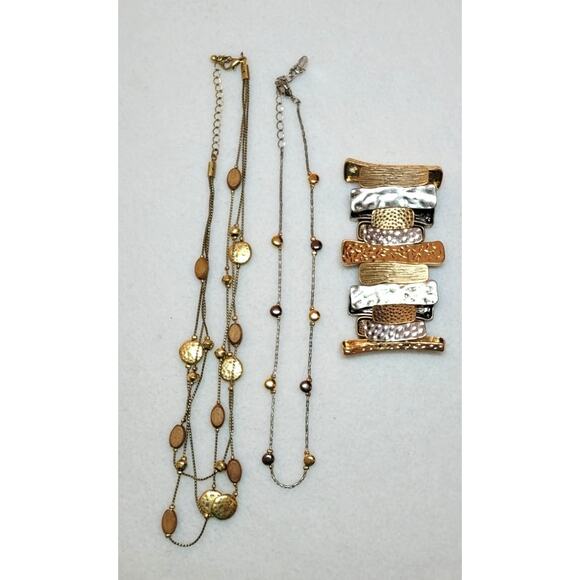 2 Pc Lot Necklace Stretch Bracelet Lot Twotone Goldtone Silvertone Metal Y2K - Picture 1 of 6